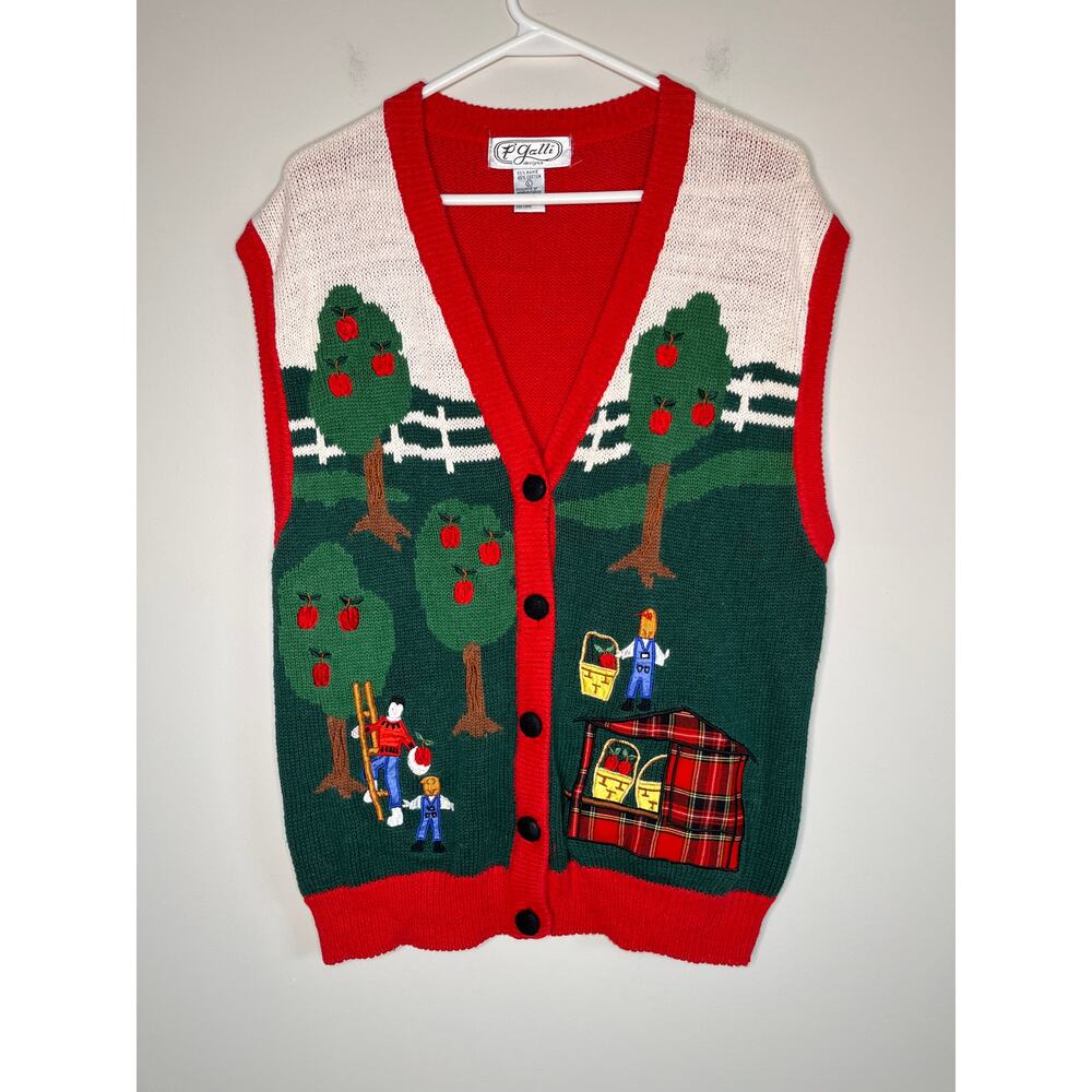1980s P Galli Plaid Apple Picking Farm Scenic Orchard Harvest Sweater Vest L